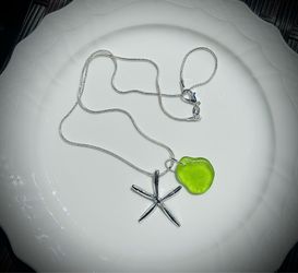 Green sea glass on 925 Sterling silver necklace with starfish charm
