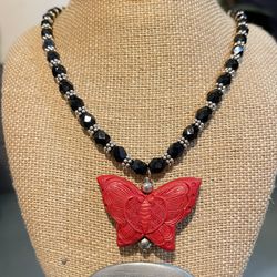 Sterling Silver Onyx And Red Chinese cinnabar necklace