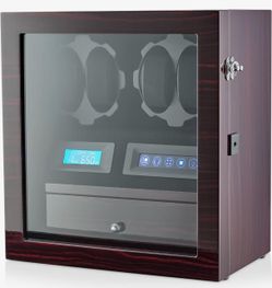 Caja giratoria para 4 relojes con espacio de almacenamiento para 5 relojes, pantalla LCD, control táctil e iluminación interior.