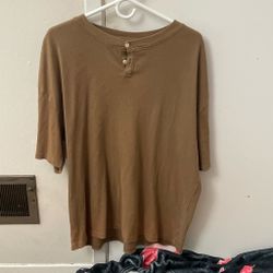Brown Ribbed Henley Short Sleeve Shirt