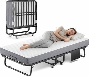 Folding Bed with Memory Foam Mattress, 75" x 31" Cot Size Portable Foldable Bed with Movable Wheels, Space-Saving Sturdy Metal Frame, Twin Rollaway Be