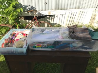 3 boxes of fabric. Lace, Doilies and ribbon. Selling the lot!