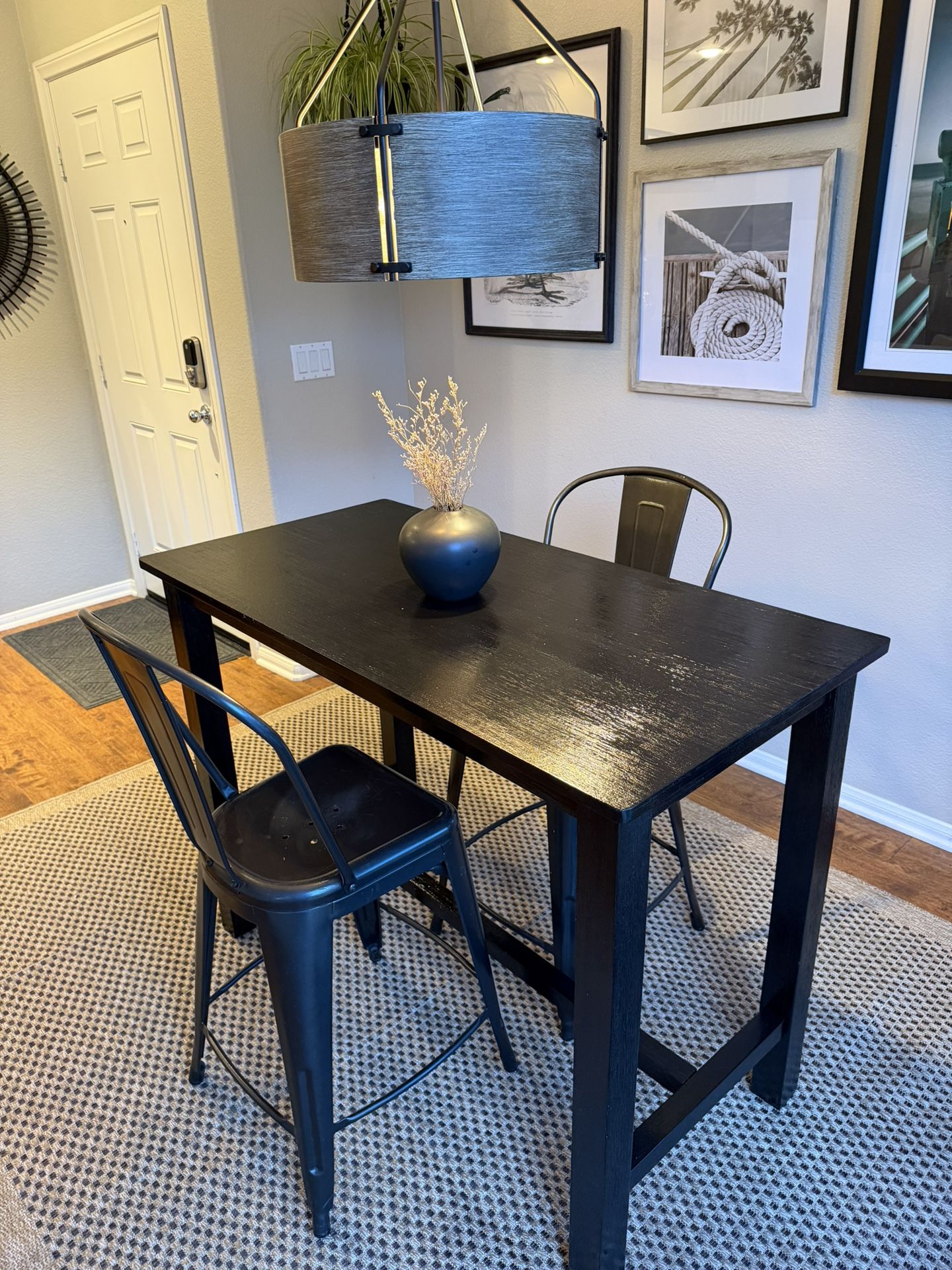Black Counter Table with Charcoal Stools