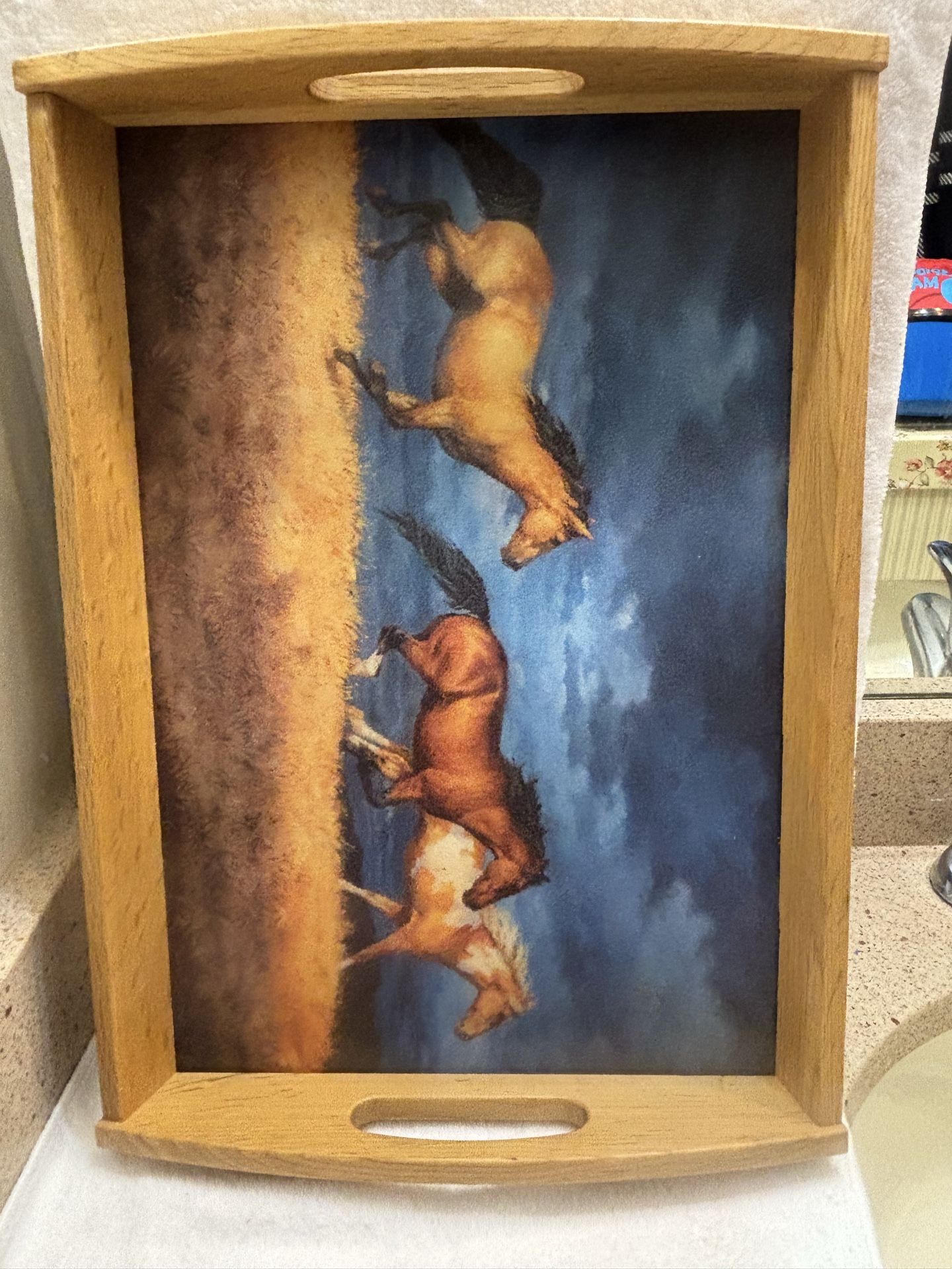Wooden serving tray featuring the "Thunder Ridge Horses by Chris Cummings.