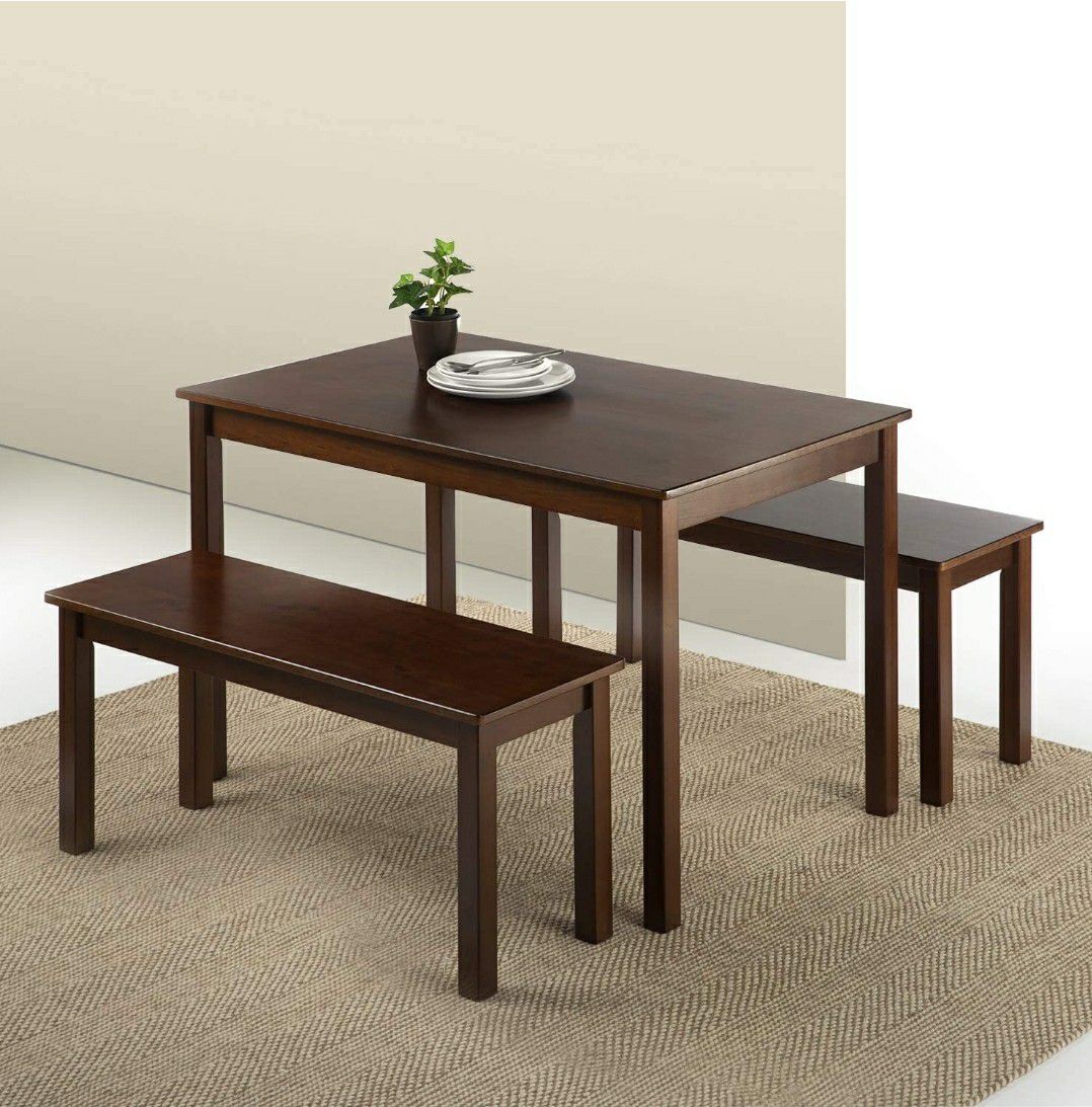 3 Piece Set Dining Table with Two Benches, Espresso