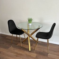 Black Gold Modern Velvet Glass Dining Set For 2