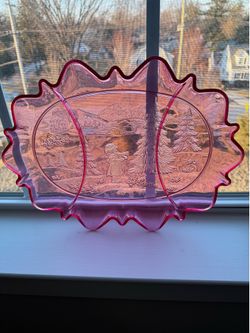 Christmas snow scene pink platter-10 inches