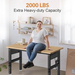 Muwood Height Adjustable Workbench, Heavy Duty Rubberwood Work Table with Power Outlet and Pegboard for Garage, Office, Workshop, Home, Commercial (48