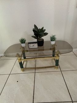 Vintage 1970s Hollywood Regency Brass Unicorn Coffee Table Smoked Glass LaBarge