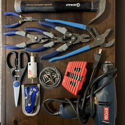 RYOBI Drill , Assorted Kobalt Hand Tools, Bits, Hammer, Box Cutter, & Scissors 