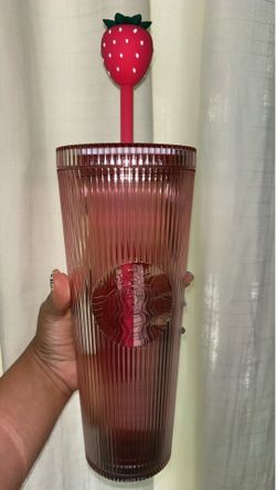 Starbucks Pink Studded/Ribbed Tumbler with Strawberry Straw Topper 🍓