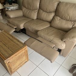 7 Foot double recliner sofa with wicker storage ottoman  