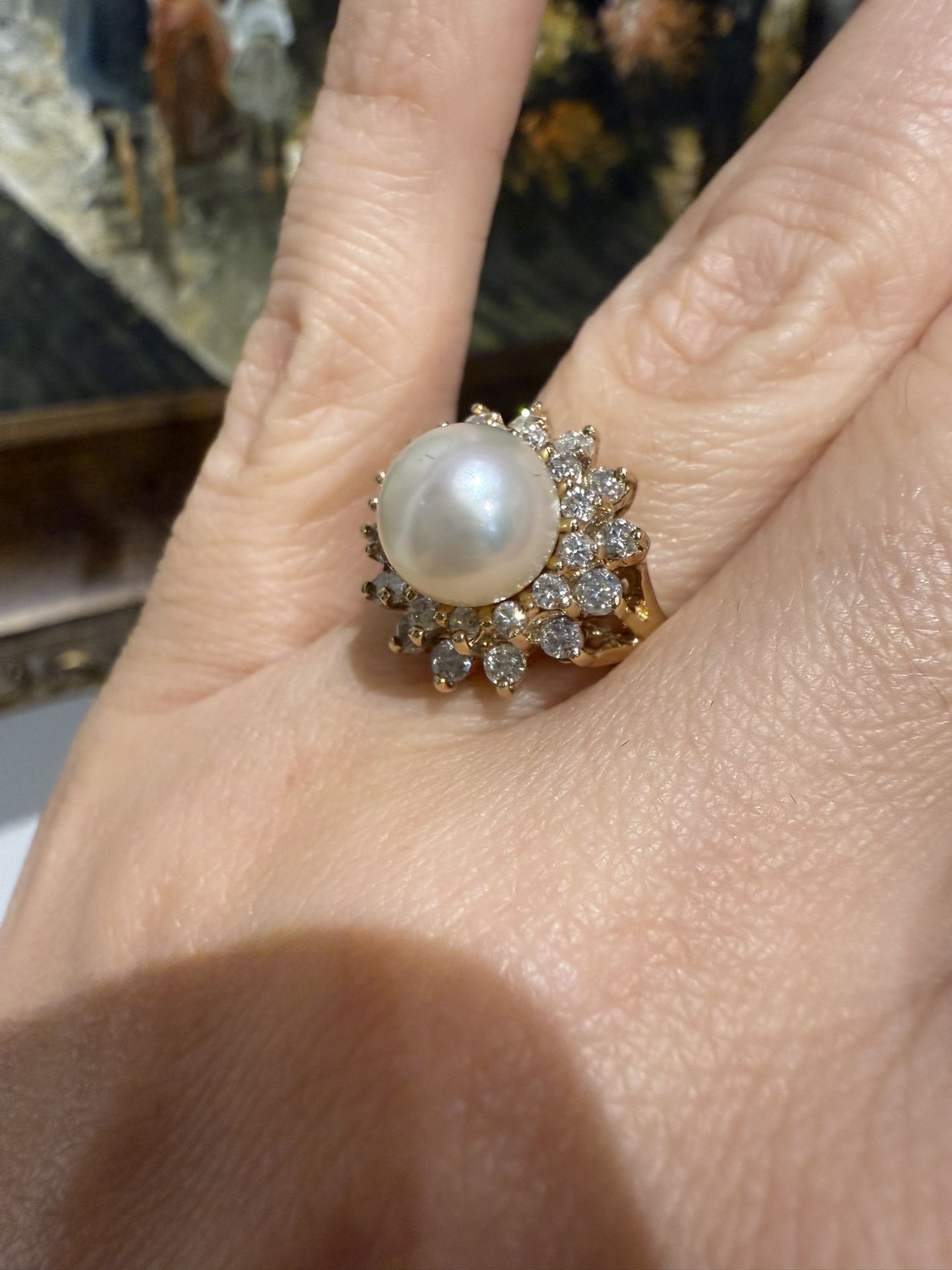 14K Yellow Gold Akoya Pearl And Natural Diamonds Beautiful Ring