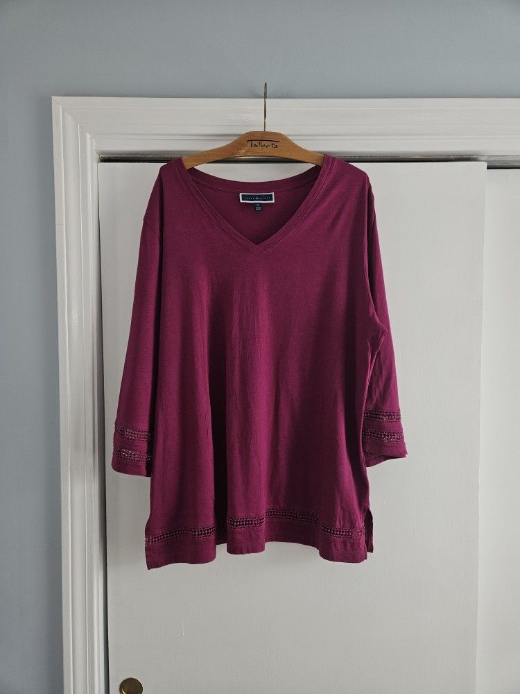 Women's Karen Scott 3/4 Sleeve V-neck Crochet insets 1X Tunic Shirt