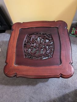 Ornate Carved Wood End Table – Dark Cherry Finish