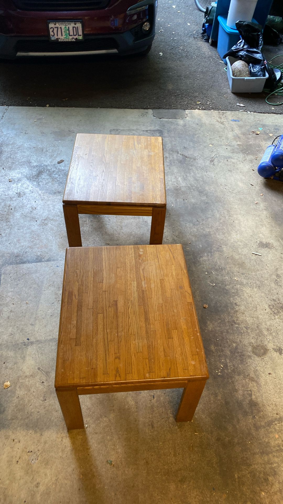 Two matching Oak butcher block side tables