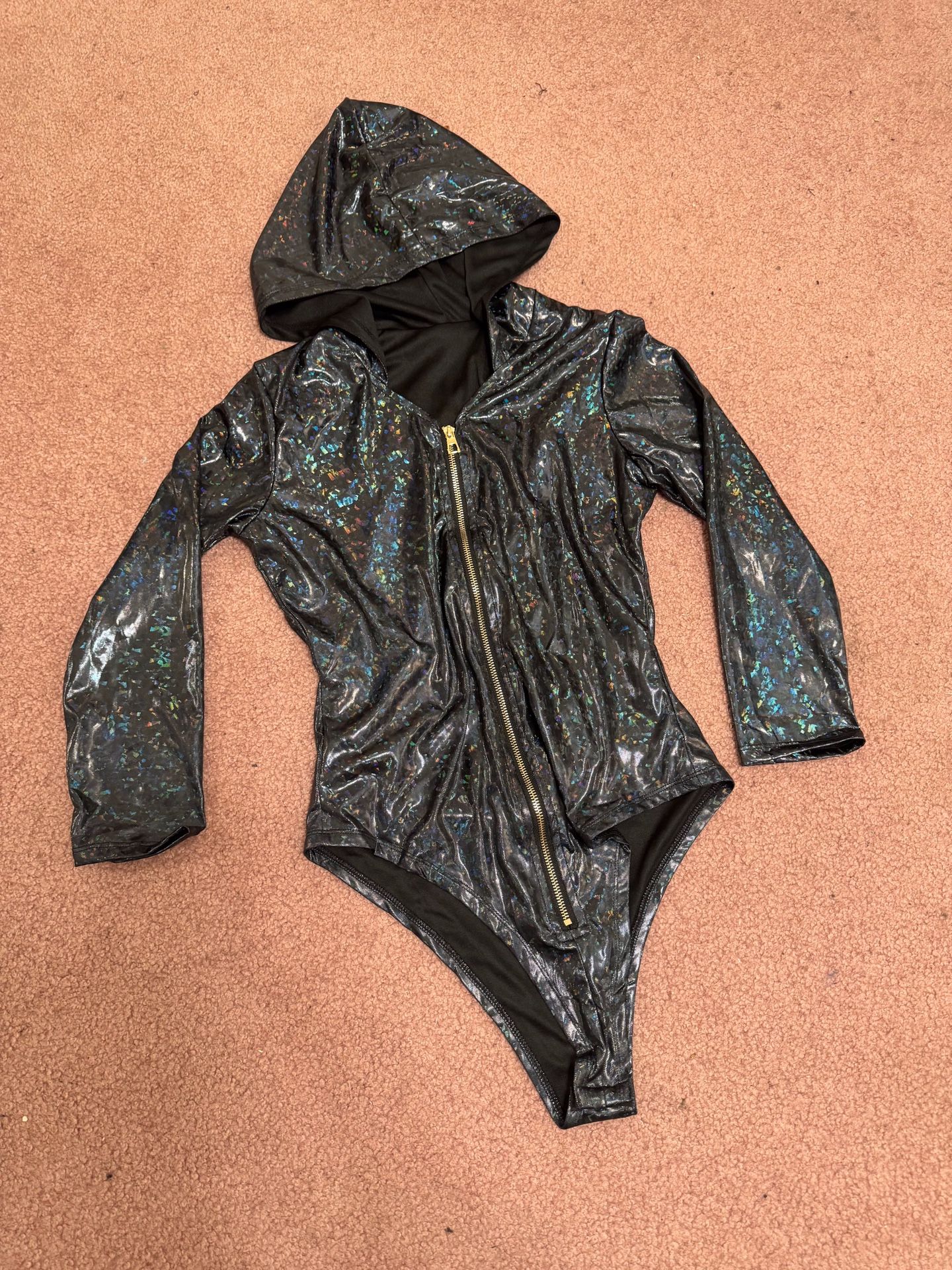 New Xl Black Metallic Hood Bodysuit One Piece Festival Rave Outfit Top Lingerie