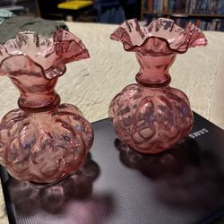 Vintage Fenton Cranberry Pink Glass Melon Vase