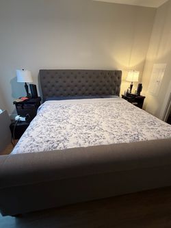 Gray Upholstered King Bed Frame with Tufted Headboard
