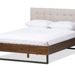 King Size Industrial Walnut Wood/Beige Fabric/ Upholstered Platform Bedrame w/Lucid King 16" Cooling Mattress 