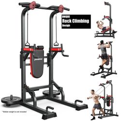 Pooboo - Multifunction Power Tower Dip Station Pull Up Bar for Fitness Home Gym Workout And Adjustable Height Fitness - Black