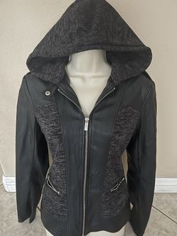 Guess Fabric & Faux Leather Zip Up Hooded Jacket Medium 