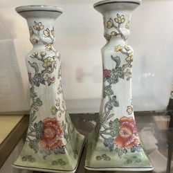 Pair of Vintage Oriental Porcelain Candlesticks 🌸 