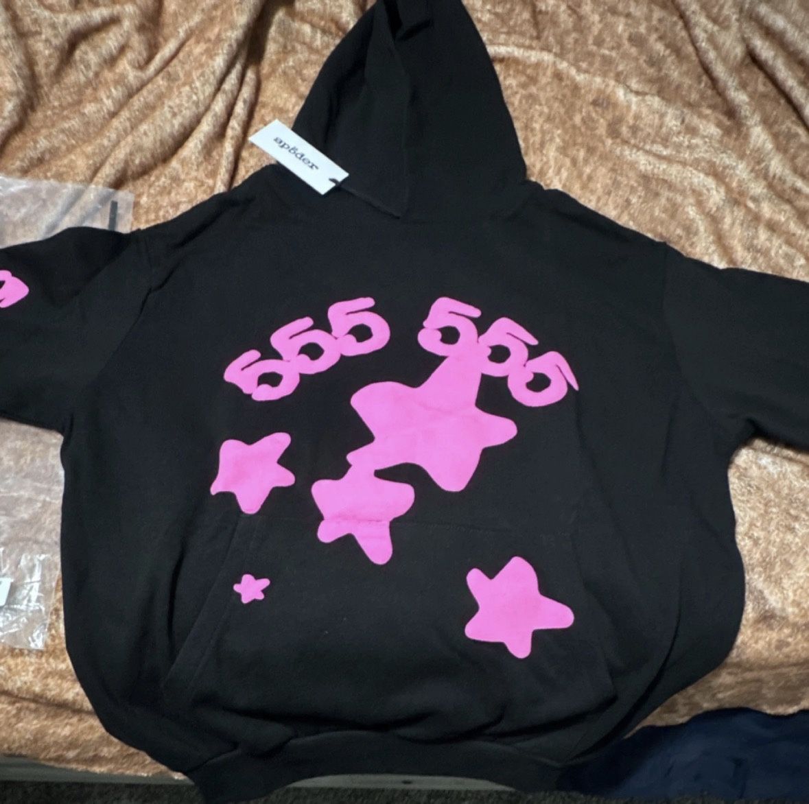 sp5der 555555 Black Pink Stars Graphic Cotton Fleece Pullover Hoodie