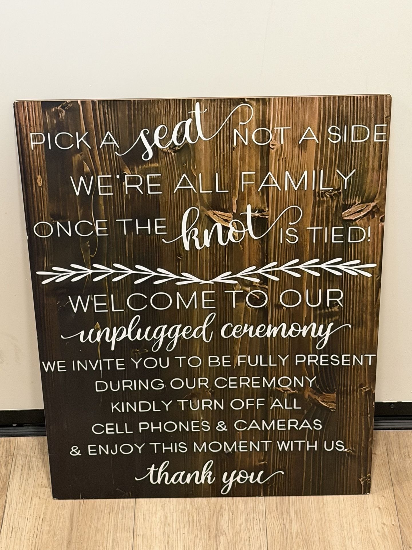 Rustic Wooden “Pick a Seat Not a Side” & “Unplugged Ceremony” Wedding Sign