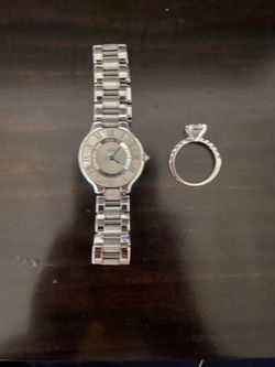 14k white gold lab diamond ring and Cartier watch
