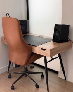 Modern Wood Desk + Brown Swivel Chair — Excellent Condition