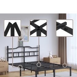 Metal Bed Frame King Size Heavy Duty Bedframe, Black, Basic Steel Slats Platform with Charging Station 14 Inch with Headboard No Box Spring Needed Noi