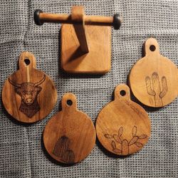 Custom Wood Burned Coasters & Holder