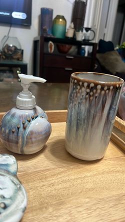 Handmade Ceramic Soap Dispenser and Cup Set