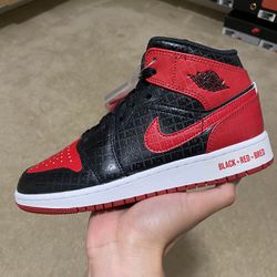 Size 5Y / 6.5W - Air Jordan 1 Mid Bred Text Black Red GS