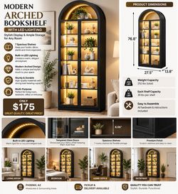 Arch Display Cabinet with Acrylic Glass Door,77" Tall Curio Cabinet & Perfume Organizer with LED