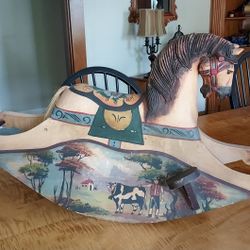 Vintage Wood Rocking Horse Carousel Glass Eyes ,Horsehair Tail Hand Painted 