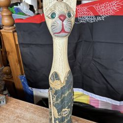 Large Vintage Hand Carved Hand Painted Wooden Cat