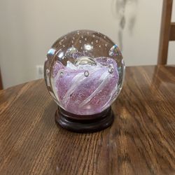Art Glass Ball Paperweight Purple White Flower Controlled Bubbles Wood Base