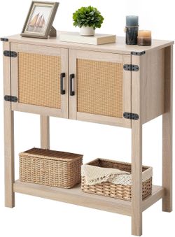 EROMMY Console Table with Rattan Doors, Farmhouse Entryway Table with Storage Cabinet, Behind Couch Table with Open Storage Shelf for Living Room and