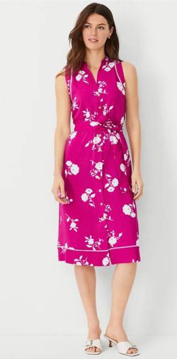 Ann Taylor Women's Pink Floral Button-Up Midi Dress with Belt, Size 2P