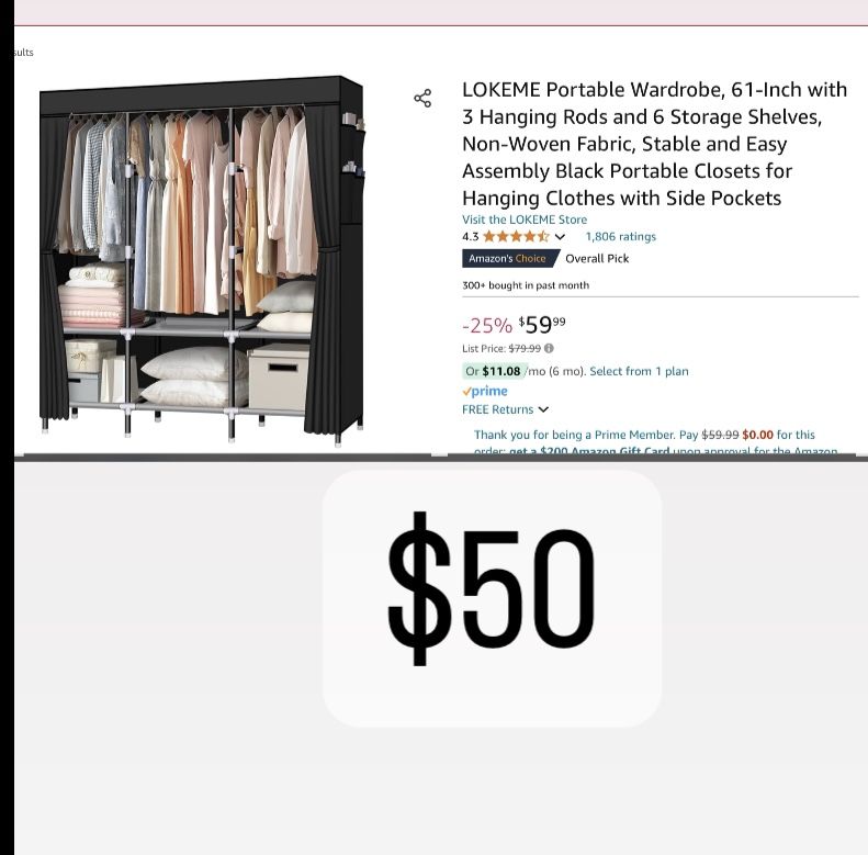 LOKEME Portable Wardrobe, 61-Inch With 3 Hanging Rods And 6 Storage Shelves, Non-Woven Fabric, Stable And Easy Assembly Black Portable Closets For Han