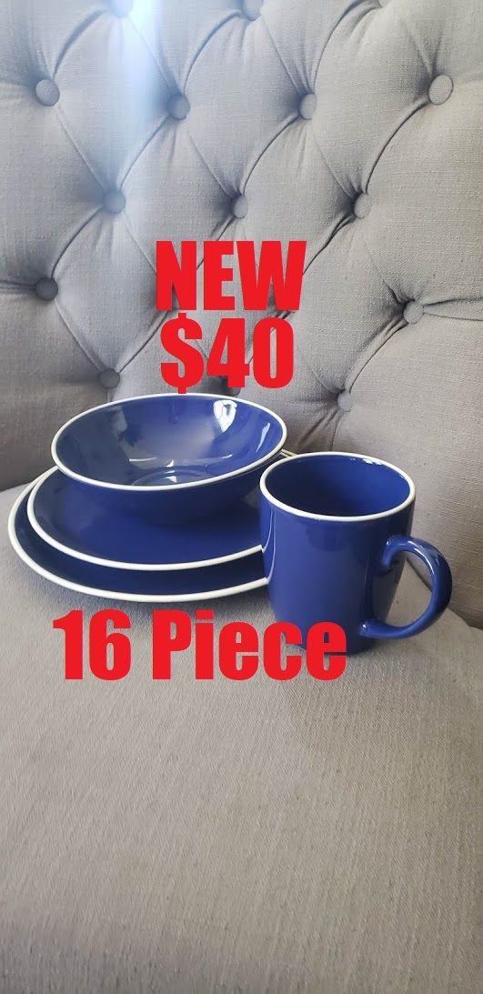 NEW 16-piece dinnerware set Plates bowls mugs cups Blue Stoneware - dishwasher/ microwave safe
