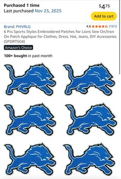 Detroit Lions Embroidered Iron-On Patches Set of 6