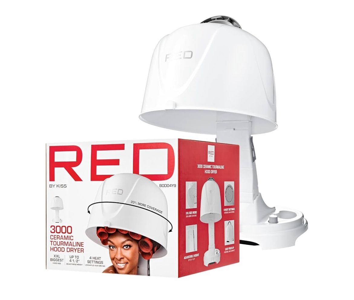 Red by Kiss 3000 Hood Dryer, Professional, Home & Salon, Ceramic Tourmaline, 4 Heat Settings, 1875 Wattage, Height Adjustable, Convenient Big Hood Siz