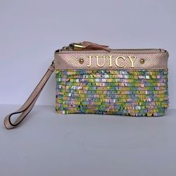 Juicy Couture Wristlet Clutch Mini Purse Pink Confetti Double Zip Tassel EUC