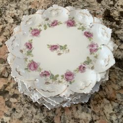 Antique Moritz Zdekauer Austria 6 Pink Rose Fancy Scalloped Porcelain 6 1/2" Dessert Cake Plates,1(contact info removed)
