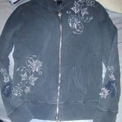 Vertigo Paris Zip Sweatshirt Jacket Gray Raw Edge Embroidered Flowers Grunge