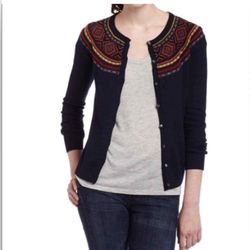 LUCKY BRAND Wool Navy Multicolor Fair Isle Beaded Button Up Cardigan Sweater