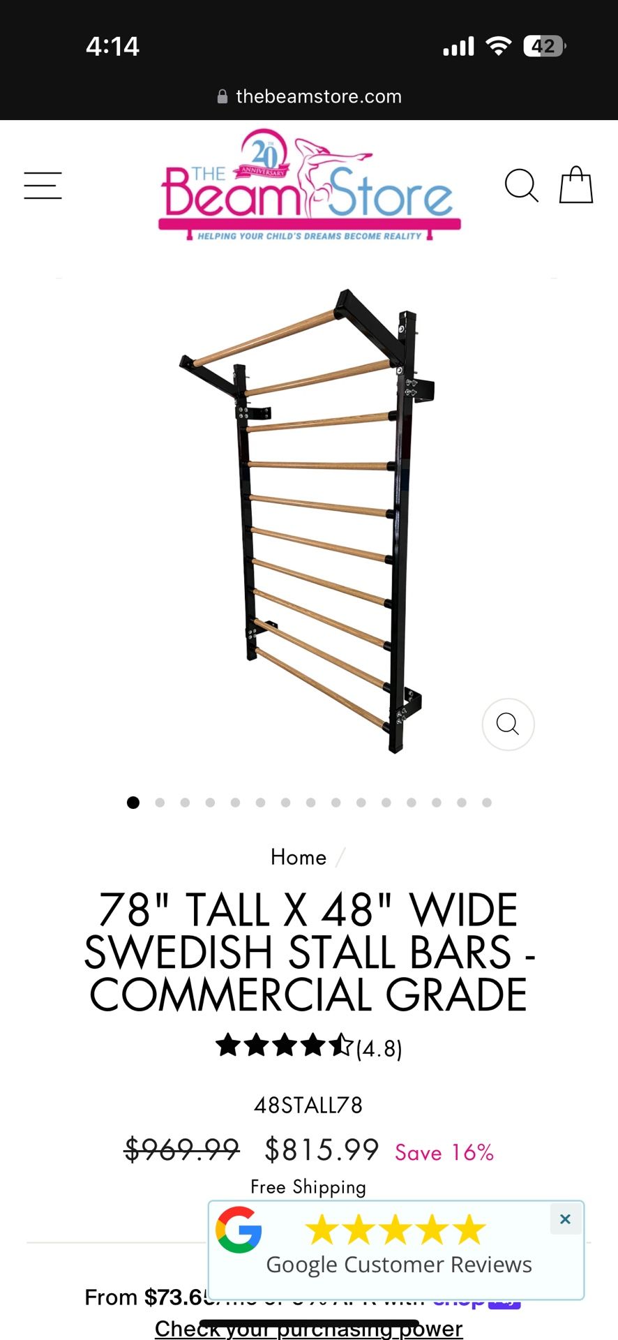 78" Tall x 48" Wide Swedish Stall Bars - Commercial Grade × 1